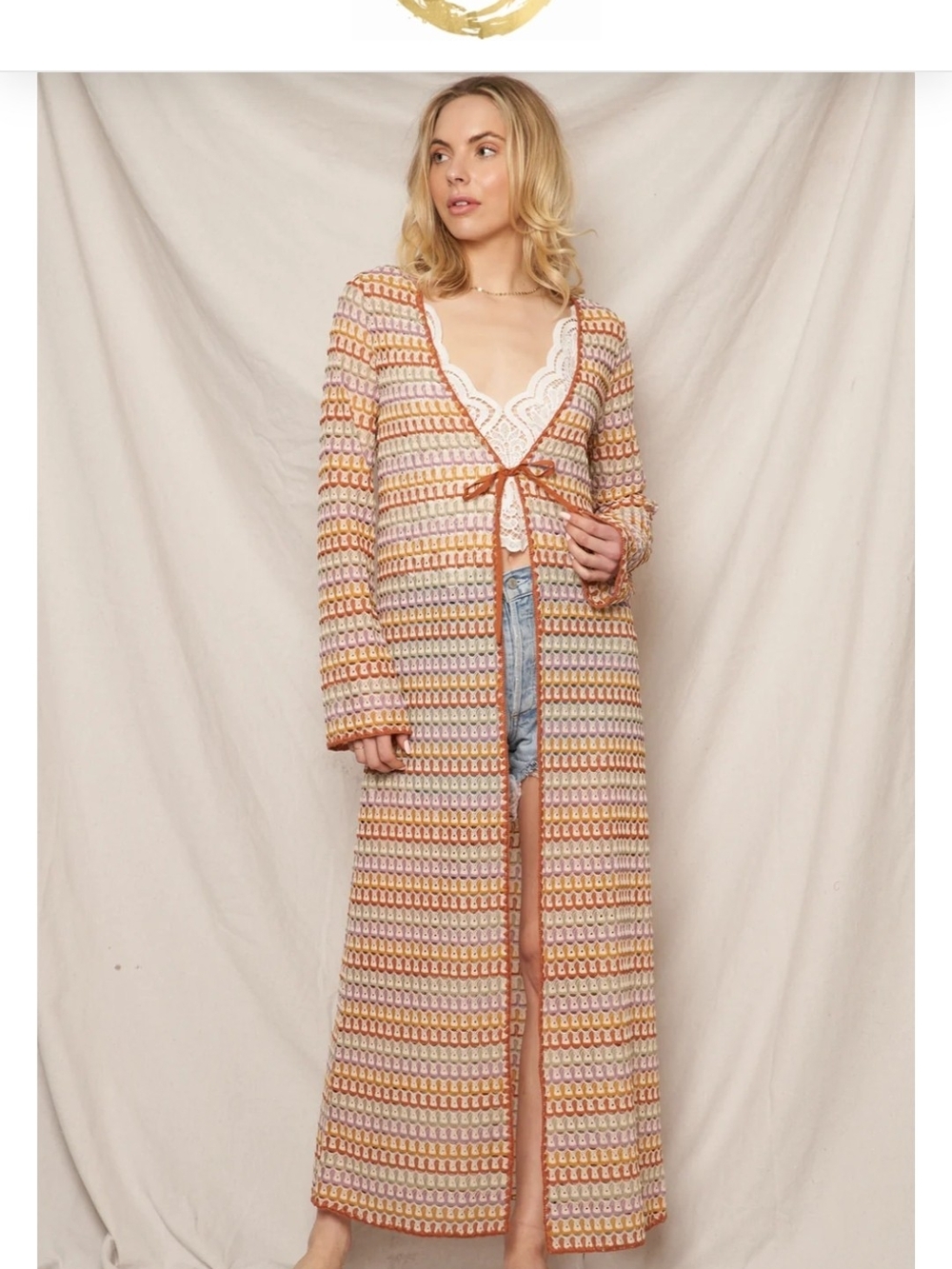 Long Crochet Duster in 70's Pastel Stripe NWOT